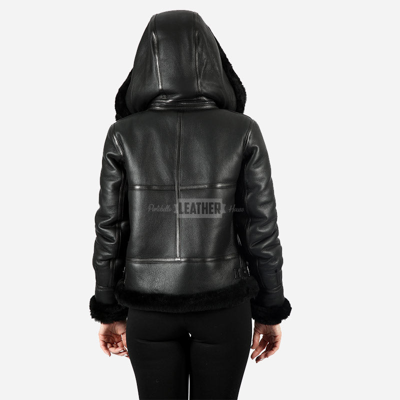 VELSERA Women's Sheepskin Jacket with Hood Black