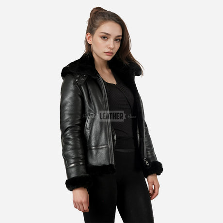 VELSERA Women's Sheepskin Jacket with Hood Black