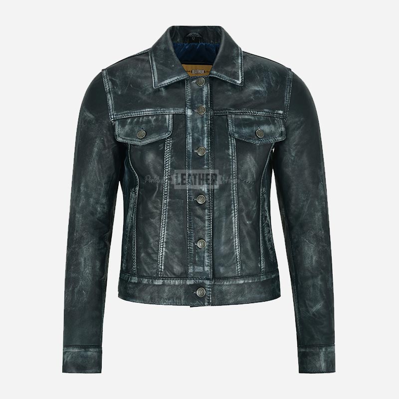 NOELLE Women's Leather Denim Jacket Blue