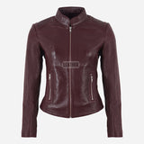 SYNA Women's Leather Racer Jacket Burgundy