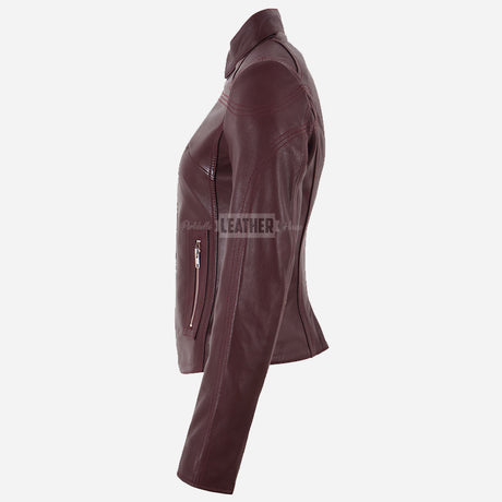 SYNA Women's Leather Racer Jacket Burgundy