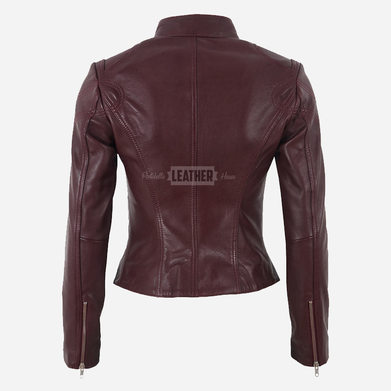 SYNA Women's Leather Racer Jacket Burgundy