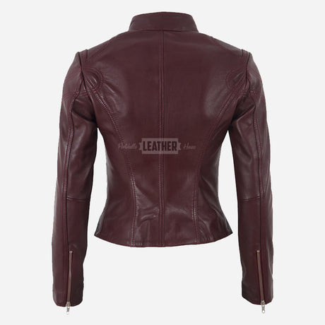 SYNA Women's Leather Racer Jacket Burgundy