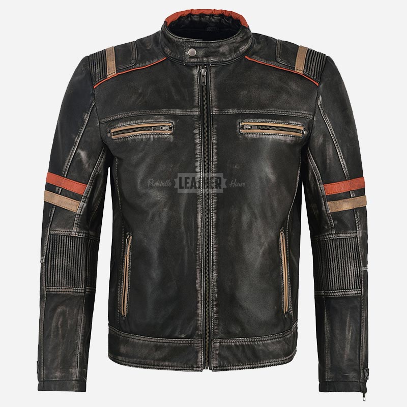 ORIEN Vintage Black Leather Café Racer Jacket