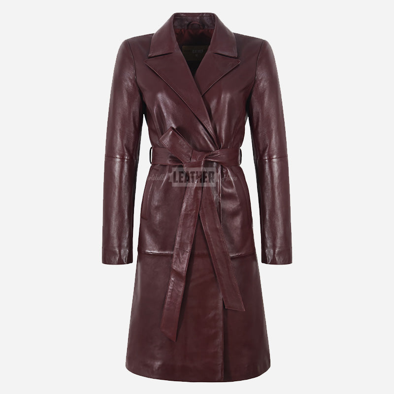 LUMORA Women’s Tie Belt Leather Coat Cherry