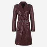 LUMORA Women’s Tie Belt Leather Coat Cherry