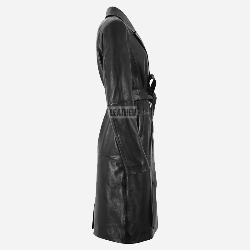 LUMORA Women’s Tie Belt Leather Coat Black