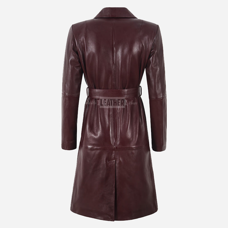 LUMORA Women’s Tie Belt Leather Coat Cherry