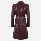 LUMORA Women’s Tie Belt Leather Coat Cherry