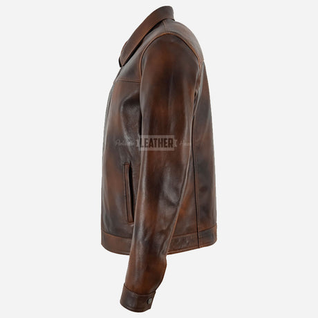 VIONEL Collared Leather Jacket Brown Waxed