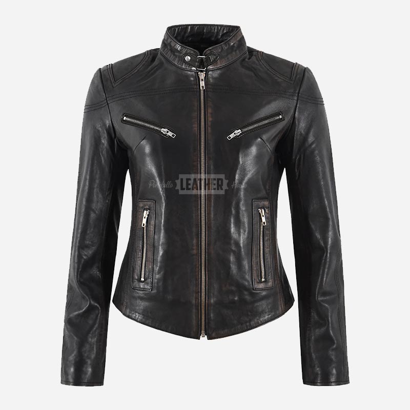 SYNA Women's Leather Racer Jacket Black Vintage