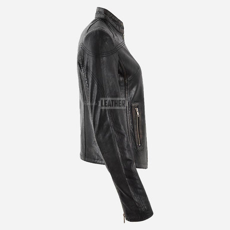 SYNA Women's Leather Racer Jacket Black Vintage