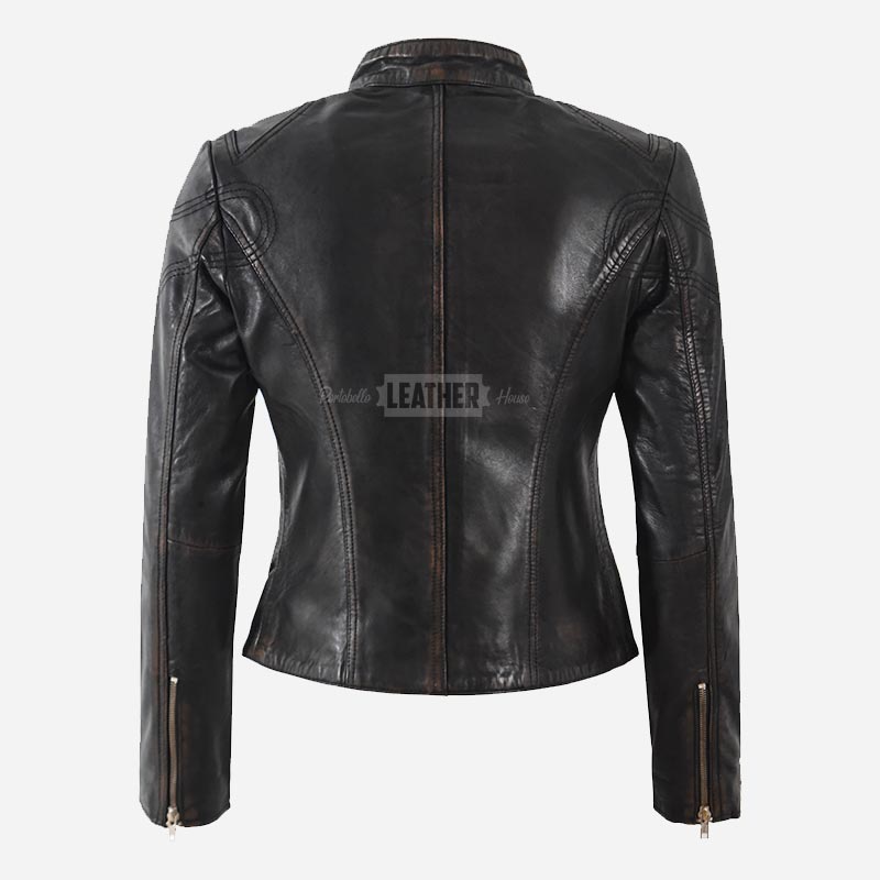 SYNA Women's Leather Racer Jacket Black Vintage