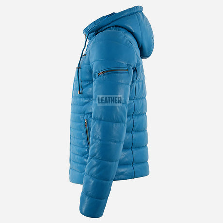 TARROWAY Leather Puffer Hooded Jacket Electric Blue