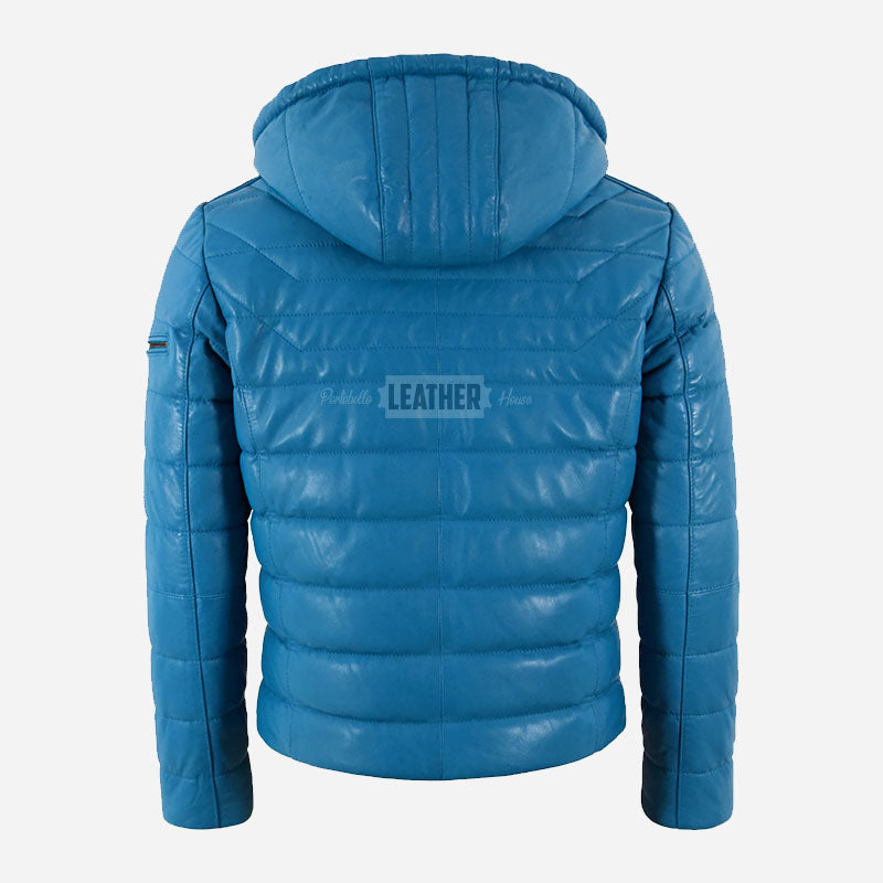 TARROWAY Leather Puffer Hooded Jacket Electric Blue