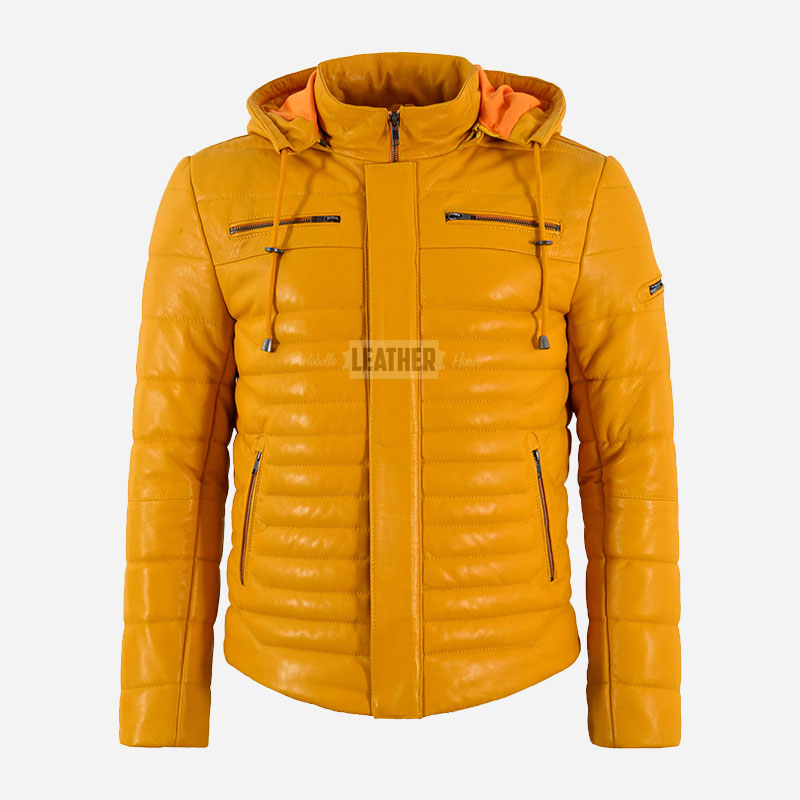 TARROWAY Leather Puffer Hooded Jacket Yellow