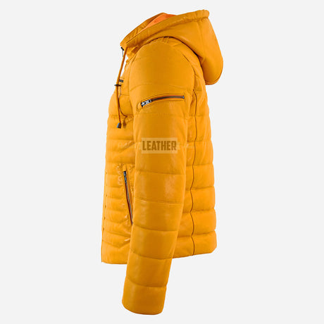 TARROWAY Leather Puffer Hooded Jacket Yellow