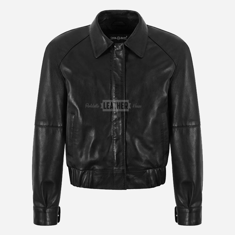 ZORVIA Collared Leather Bomber Jacket Black