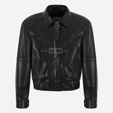 ZORVIA Collared Leather Bomber Jacket Black