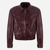 ZORVIA Collared Leather Bomber Jacket Maroon
