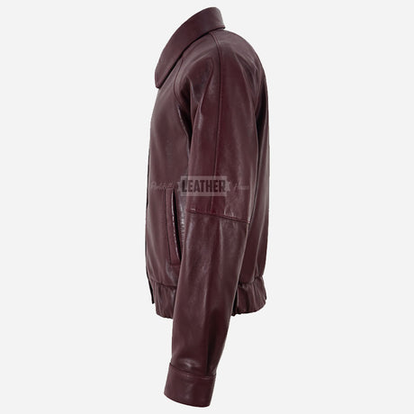 ZORVIA Collared Leather Bomber Jacket Maroon
