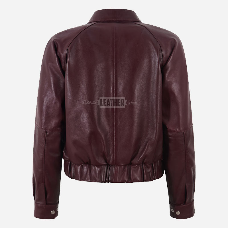 ZORVIA Collared Leather Bomber Jacket Maroon