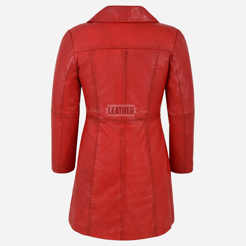 VIONNA 3/4 Length Button Down Leather Coat Red