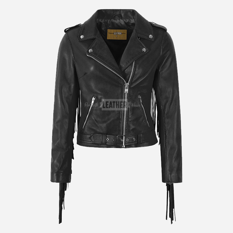 ZESSIA Women Fringe Detail Leather Biker Jacket