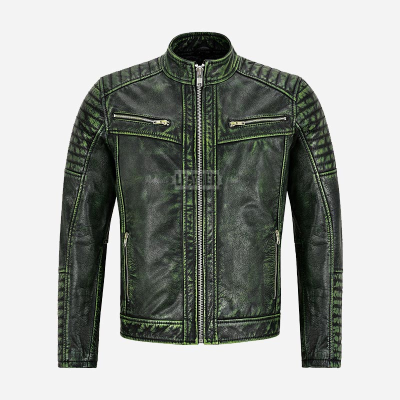 AZREN Mens Green Leather Biker Jacket