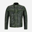 AZREN Mens Green Leather Biker Jacket