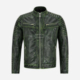AZREN Mens Green Leather Biker Jacket