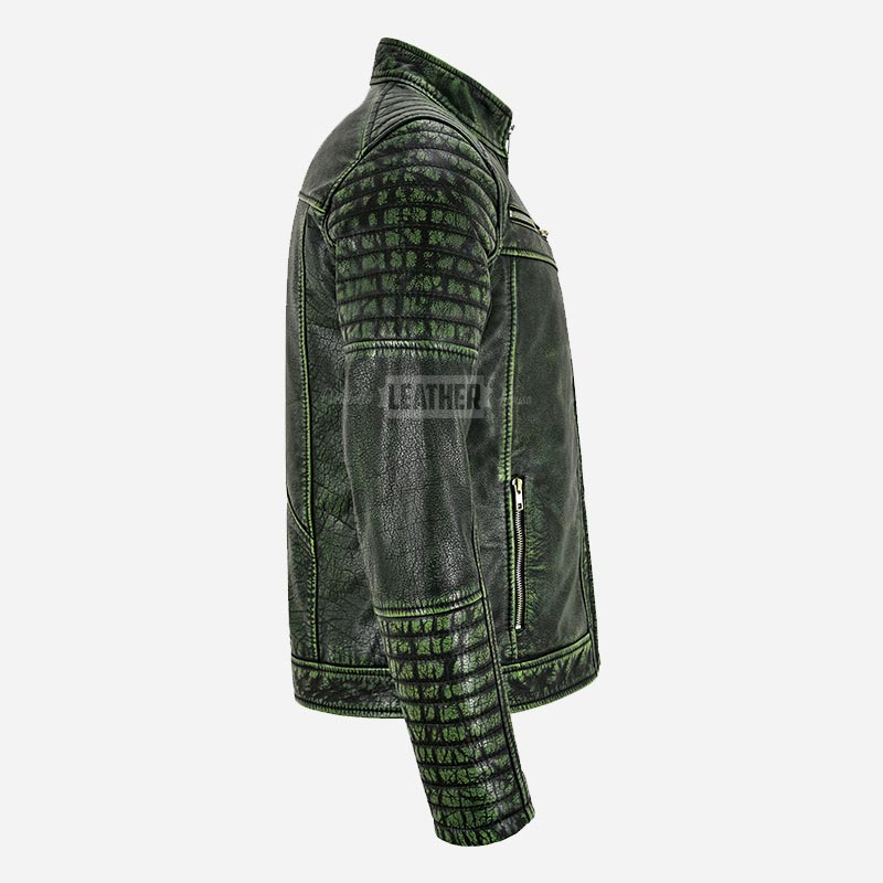 AZREN Mens Green Leather Biker Jacket