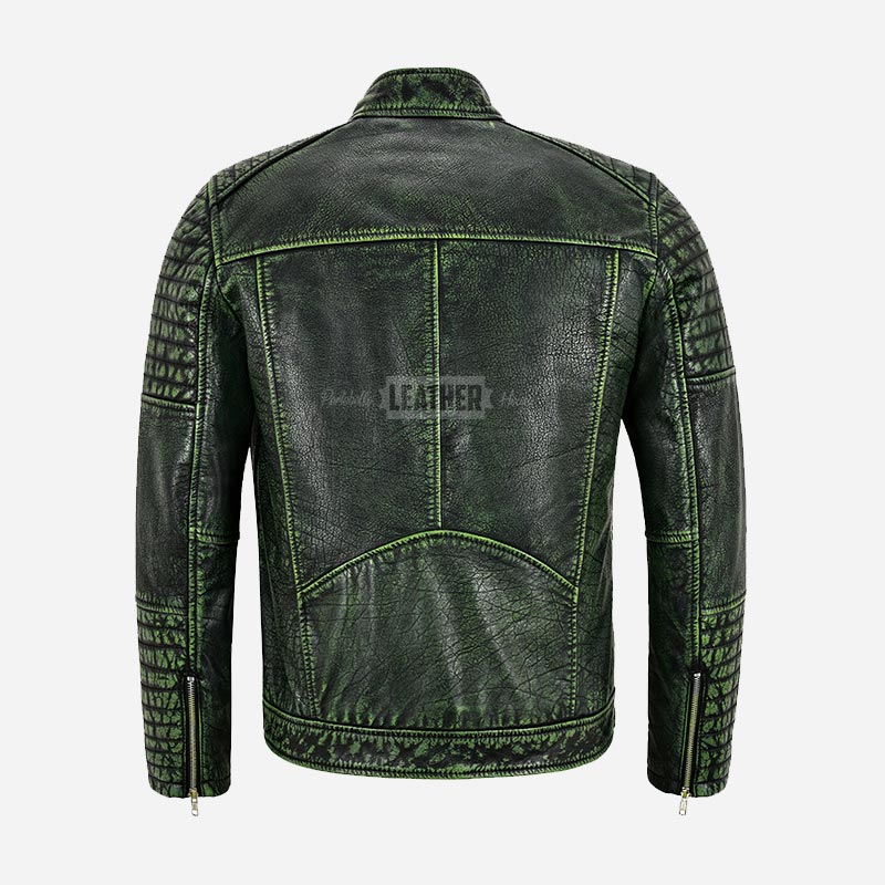 AZREN Mens Green Leather Biker Jacket