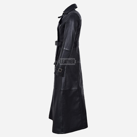 STRYDON Double-Breasted Long Flared Leather Coat