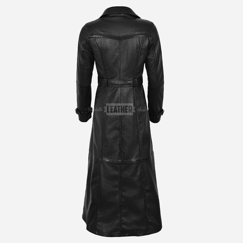 STRYDON Double-Breasted Long Flared Leather Coat