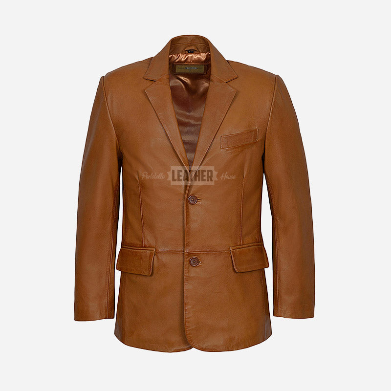 AUREX Men's Tan Leather Blazer Jacket
