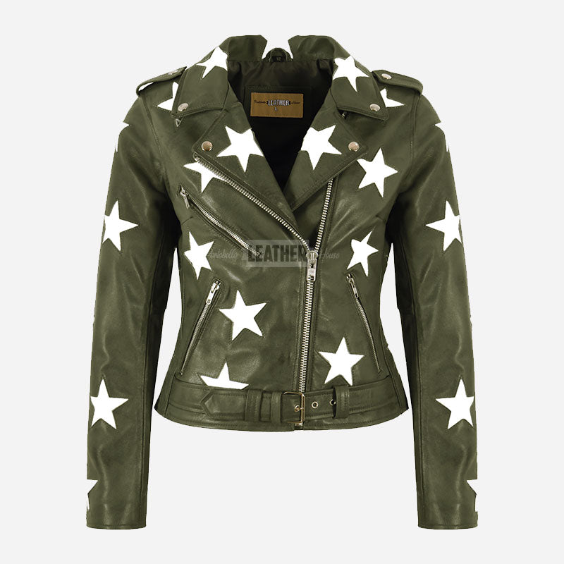 STELVIA Women's Star Appliqué Leather Biker Jacket