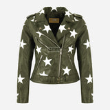 STELVIA Women's Star Appliqué Leather Biker Jacket