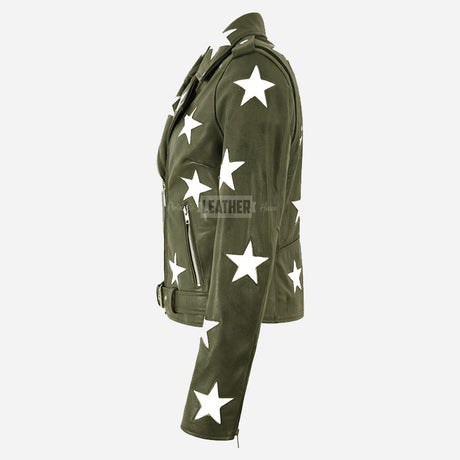 STELVIA Women's Star Appliqué Leather Biker Jacket