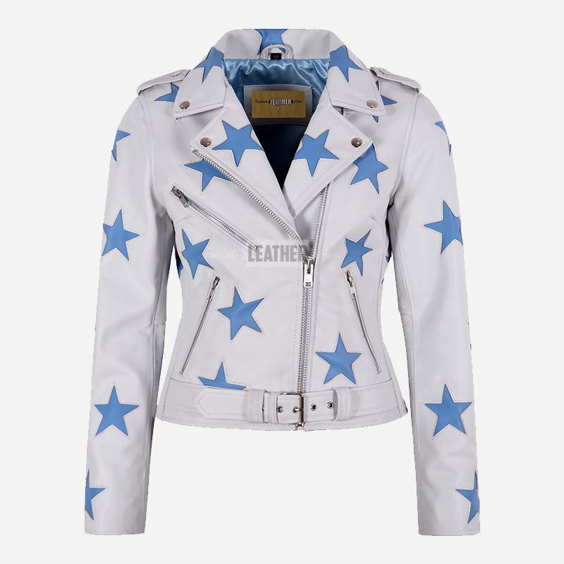 STELVIA Star Appliqué Leather Biker Jacket White