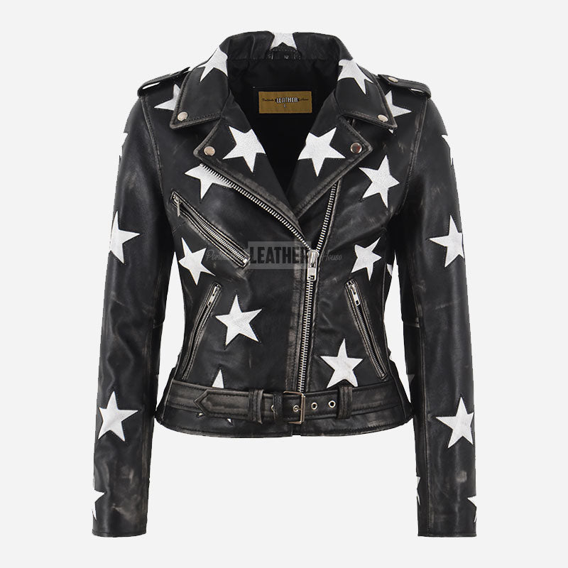 STELVIA Women's Star Appliqué Leather Biker Jacket