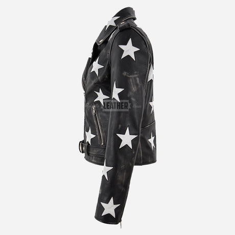 STELVIA Women's Star Appliqué Leather Biker Jacket