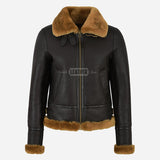 DALTIS Women's Sheepskin Bomber Jacket Brown