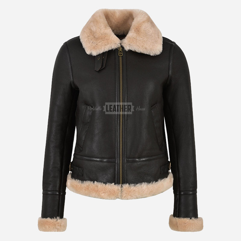 DALTIS Women's Sheepskin Bomber Jacket Brown