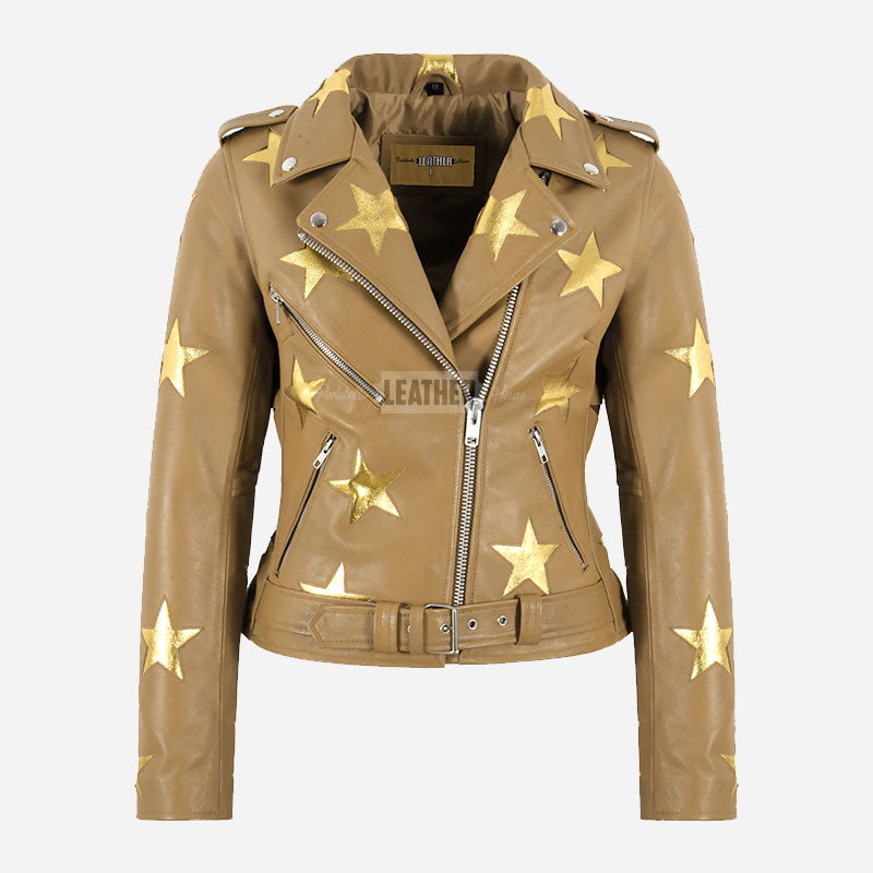 STELVIA Women's Star Appliqué Leather Biker Jacket
