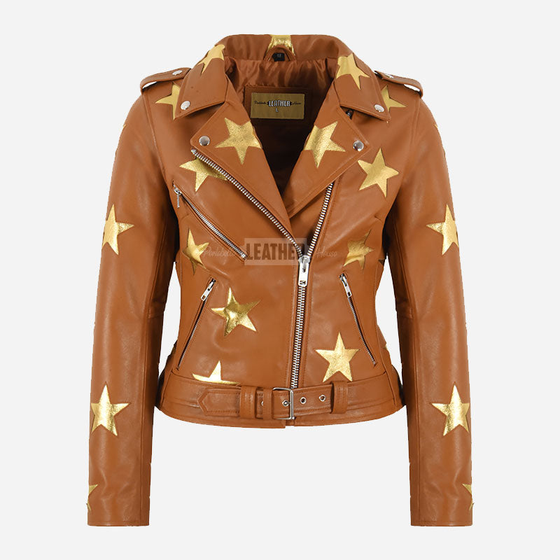 STELVIA Star Appliqué Leather Biker Jacket Tan