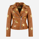 STELVIA Star Appliqué Leather Biker Jacket Tan