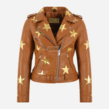 STELVIA Star Appliqué Leather Biker Jacket Tan