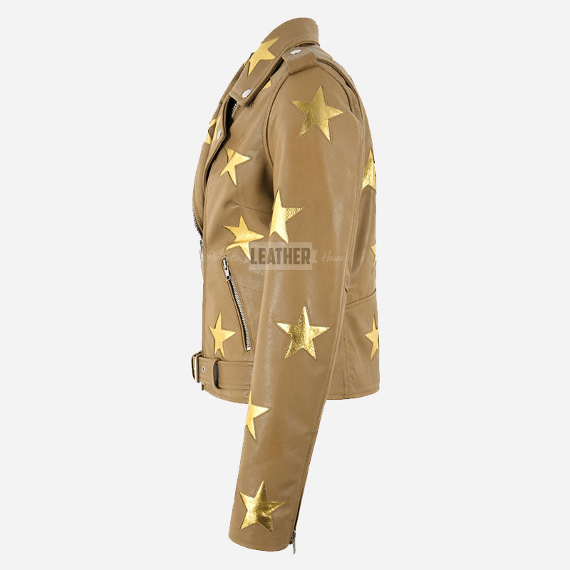 STELVIA Women's Star Appliqué Leather Biker Jacket