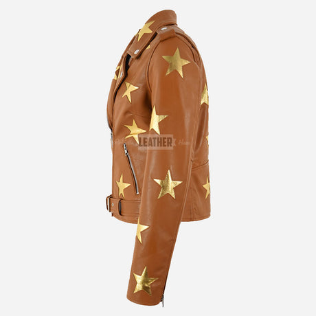 STELVIA Star Appliqué Leather Biker Jacket Tan